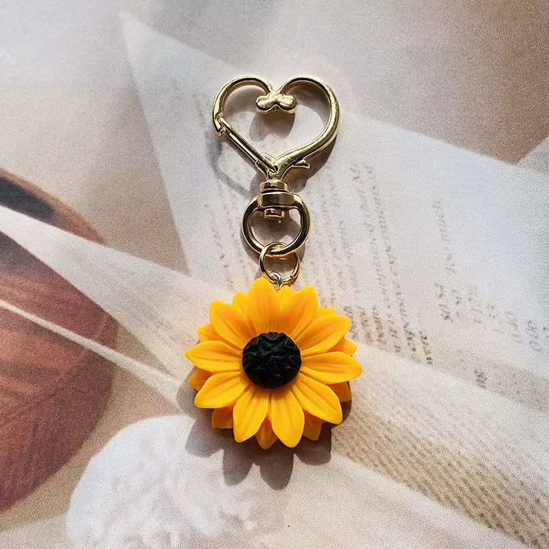 Creative Sunflower Love Heart Keychains Key Ring for Women Best Friend Gift Cute Daisy Plant Pendant Bag Box Car Holder Jewelry