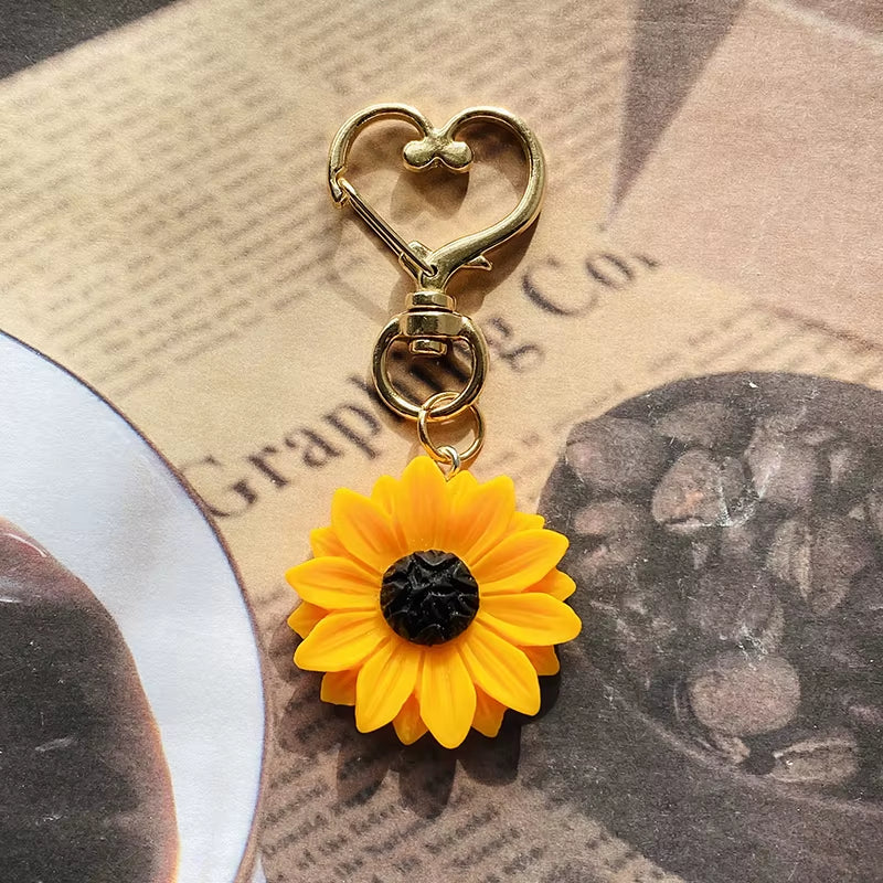 Creative Sunflower Love Heart Keychains Key Ring for Women Best Friend Gift Cute Daisy Plant Pendant Bag Box Car Holder Jewelry